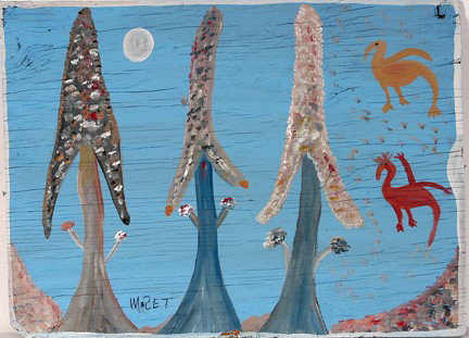 Mose Tolliver (Attributed) Mountain & Valley.: Mountain and Valley. c. 1980's. Paint on found board. Signed. Excellent environmental condition. 24.5" x 18". Piece includes affadavit from Buddy Mitchell who purchased the piece directly from Mose T.