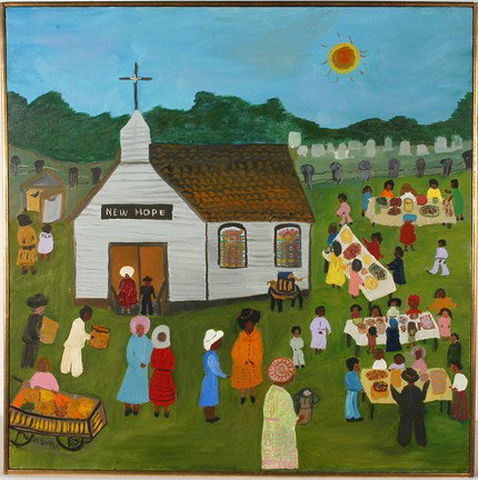Bernice Sims Hope Church Picnic.: Hope Church Picnic. 1989. Oil on canvas. Signed. Very large early piece. 37" w x 37" including frame. Exhibited at The New Orleans Museum of Art, "Passionate Vision of The American South. Oct. 23, 199
