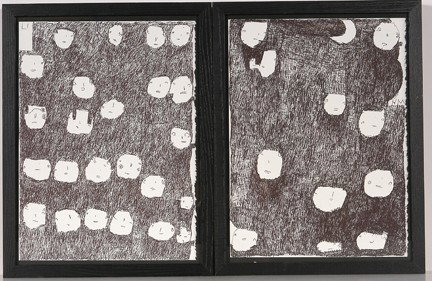 Donald Mitchell Pair of Dark Drawings.: Pair of Works with Heavy Shading. Ink on paper. Image is 11"x 15"h. Frame, 13.5" w x 17.5"h each. Biographical info from Creative Growth Art Center. Est. $500-800. Ship: $40