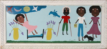 Annie Tolliver Mother Going to Heaven.: Mother Going To Heaven. Paint on artist board. Signed. Very important piece. Annie has depicted her family (Mose included) around the bed of her dying mother. Excellent condition. Size with frame is 6
