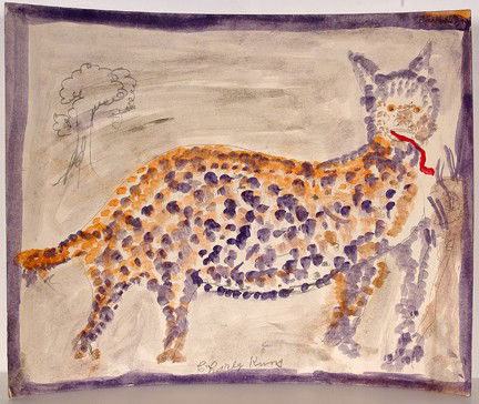 Charlie Kinney Spotted Cat.: Spotted Cat. Paint and pencil on heavy poster. Signed. Not dated, but this appears to be an early work. 28" x 22"h. Minor dog ear corner, otherwise great condition. Est. $300-500. Ship: $35