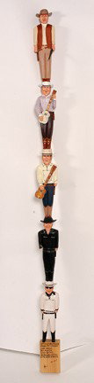 Preston Geter Favorite Cowboys Totem.: A Few Of America's Favorite Cowboys. Carved and painted wood with some tin. Signed and dated, 2008. Figures include John Wayne, Roy Rogers, Gene Autry, Hopalong Cassiday and the Lone Ranger. Excellent