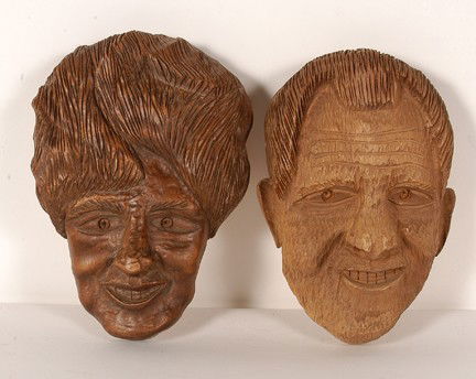 Clarence Stringfield Lorene & Judd.: Lorene Mann and Judd Collins. Pair of wood carvings, stained and varnished. 9" x 6" each. Excellent condition. Est. $500-800. Ship: $45