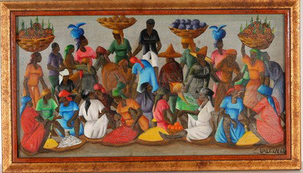 Gérard Valcin Market Scene.: Gérard Valcin (HAITIAN, b.1923). Market Scene. Oil on paperboard. Signed, "Valcin" and dated, 1963. Some crazing and paint loss, otherwise good condition. Size with frame, 16.5" w x 9.5"h. Est. $400-