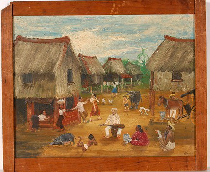 C.F. Brazeal Lazy Barrio.: Lazy Barrio. Paint on canvas board. Signed and dated, 1939. Interestng info on verso, "painted while aboard the U.S.S. Black Hawk in Chefos, China." Minor paint flake, otherwise excellent condition. S
