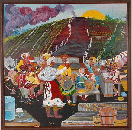 Ruth Mae McCrane Hiring Pickers.: Hiring Of The Pickers. Paint on board. Signed, titled and dated, 1990. Excellent condition. Very large, 51" x 51" with frame. Est. $800-1,200. Est. $250