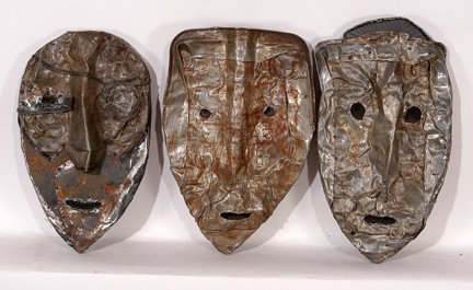 Jerry Coker Three Masks.: Group of Three Masks. Shaped and molded tin over board. All are signed. Averge size is 9" x 16". Est. $400-800. Ship: $50
