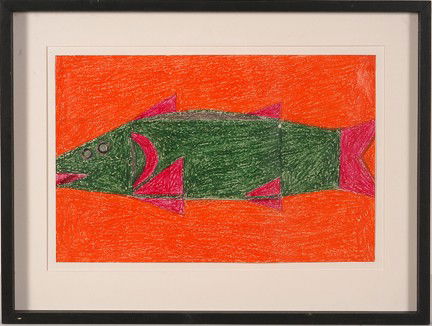 Eddie Arning Fish #507.: Fish, #507. Craypas on paper. Excellent condition. Image is 17" w x 11"h . Frame is 23"w x 17"h. Est. $300-500. Ship: $40