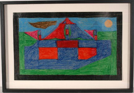 Eddie Arning Tent #680.: Tent On A Grassy Field, #680. Craypas on paper. Excellent condition. Image is 23" w x 15"h. Frame is 28" w x 19"h. Est. $200-300. Ship: $45