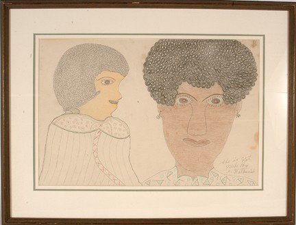 Inez Nathaniel Walker She Is Hot.: She Is Hot Much By I. Colored pencil on paper. Inscribed and signed. Paper has some spotting, otherwise good condition. Image is 18" w x 12"h. Frame is 23" w x 17" h. Provenance: ex. T. Marshall Hahn,