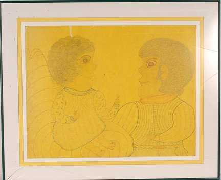 Inez Nathaniel Walker Father & Daughter.: Father and Daughter. Graphite and marker on yellow poster. Signed and dated, 1977. Slight fading and two water stains on top left. Image is 28" w x 22"h. Frame is 36" w x 20" h. Est. $400-600. Ship: $
