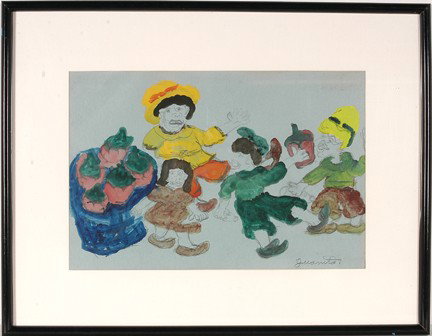 Juanita Rogers Puttin It Where It Is.: Puttin It Where It Is. c. 1991. Watercolor, pencil on paper. Excellent condition. Signed. Image is 20" w x 13"h. Frame is 27" w x 21"h. Provenance: Anton Haardt Gallery, ex. Myron Shure Collection. Es