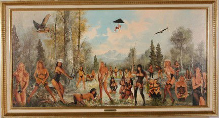 Max Fleshman Birds Of a Feather Erotic Decopage.: Birds Of A Feather. Decopage on Windsor Art Product. The name plate reads, "Lakeside Sentinel by Lorenz." 53" w x 29" h including frame. Excellent condition. Est. $300-500. Ship: $125
