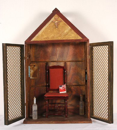 C.L. DeMedieros Hypocritical Confession Booth.: Hypocritical Confession Booth. Wood, tin, mixed media including whiskey bottles and labels. 31" x 18" x 9". Signed. Excellent condition. Est. $200-400. Ship: $85