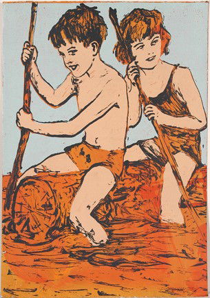 David Bromley Boy and Girl.: Boy and Girl Floating On Log. #11 of 40. Print and paint on paperboard. Signed. Small tear on bottom, otherwise excellent condition. 19.5" w x 28"h. Est. $200-400. Ship: $35