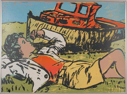 David Bromley Girl In Marsh.: Girl In Marsh. Print and paint on posterboard. Small scratch in center, otherwise good condition. Signed. 30"w x 22"h with frame. Est. $200-400. Ship: $45