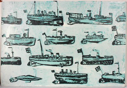 David Bromley Boats In Blue.: Boats In Blue. #12 of 20. Print and paint on paperboard. Signed. Excellent condition. 44"w x 30"h. Est. $300-500. Ship: $75