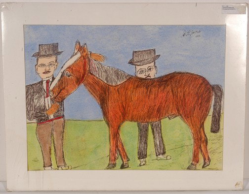 S.L. Jones Two Men w Horse.: Two Men With Horse. Ink and pastel on paper. Signed and dated, 2002. Excellent condition. Image is 23" x 19". Matted. Est. $300-500. Ship: $45