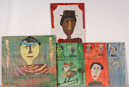 The Beaver Three Portraits.: Robin "the Beaver" Beverland. Group of Three Portraits. Paint on board. Signed and dated, 1991-92. Great condition. Largest is 27" w x 16"h. Est. $200-400. Ship: $40