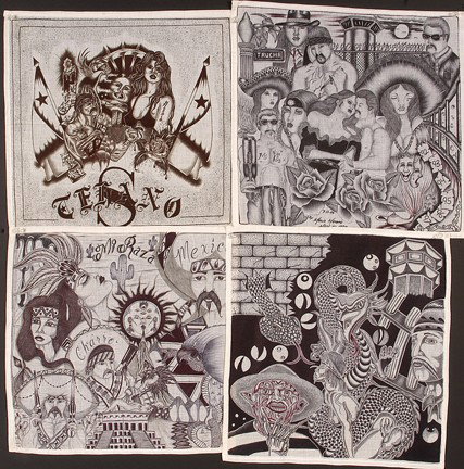 TX Chicano Prisoner Panos.: Ink on handkerchief. Average size is 14" x 14"h. Excellent condition. Some are signed and dated, 1990's Est. $200-400. Ship: $20