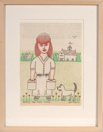 Jack Savitsky Rosey, The Milk Maid.: Ink, colored pencil, crayon on paper. Signed and dated, 1987. 9" w x 12"h. Frame is 15" w x 19"h. Excellent condition. Provenance: The Lynne Ingram Collection. Est. $300-500. Ship: $35