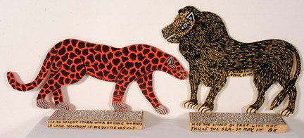Howard Finster Jaguar & Lion.: Jaguar and Lion. #18,107, 1991 and 17,237, 1990. Marker and paint on cutout wood with paper labels. Excellent condition. 13"x 3.5" average size. Provenance: Phyllis Kind Gallery. Est. $300-500. Ship: 