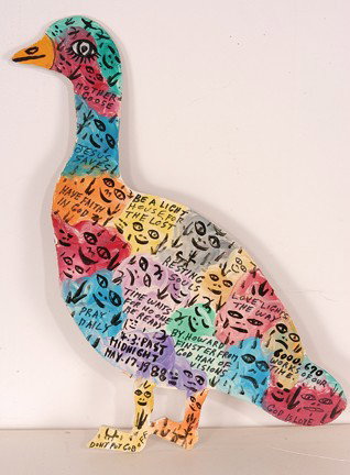Howard Finster Mother Goose.: Mother Goose, #6,670. Paint on cutout wood with brush text. Signed, numbered and dated, May, 1988. 17" w x 16"h. Excellent condition. Est. $400-800. Ship: $35