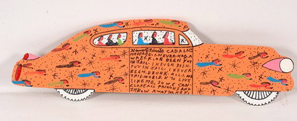 Howard Finster Cadillac.: Cadillac, #37,281.Marker and paint on cutout wood. Signed and dated, Aug. 9, 1993. Excellent condition. 20" x 5". Est. $100-200. Ship: $25