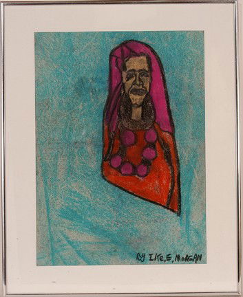 Ike Morgan Portrait.: Crayon on paper. c. early 1980's. 11.5"w x 16"h. Frame is 16" w x 20"h. Excellent condition. Est. $200-300. Ship: $35