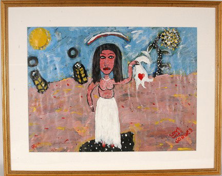 Jessie Lee Mitchell Love, Wife, Goddess.: Love, Wife and Goddess. Paint on paper. Initialed and dated, 1995. Excellent condition. 32" w x 25"h with frame. Est. $100-200. Ship: $65