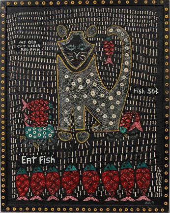 Mitzi Kellog My Old Cat Likes Fish.: My Old Cat Likes Red Fish. Paint on cloth. Signed and dated, 1999. 23.5"w x 29.5"h with decorated frame. Excellent example. Est. $200-400. Ship: $50