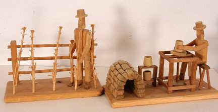 Carved Wooden Work Scenes.: Farmer and Potter. Both are carved wood. The Potter measures 14" x 5.5" x 9.5". Excellent condition. Provenance: Penny Marshall Collection. Est. $100-200. Ship: $75