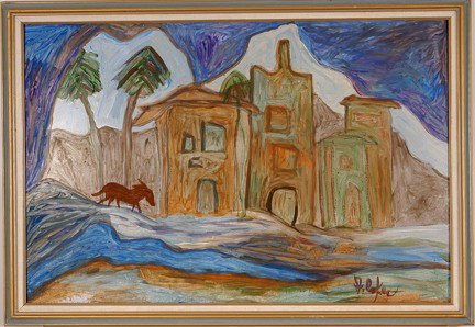 Jerry Coker Mediterranean Landscape.: Paint on board. 36" w x 23.5"h. Frame is 39.5"w x 27.5"h. Signed. Excellent condition. Est. $100-200. Ship: $75