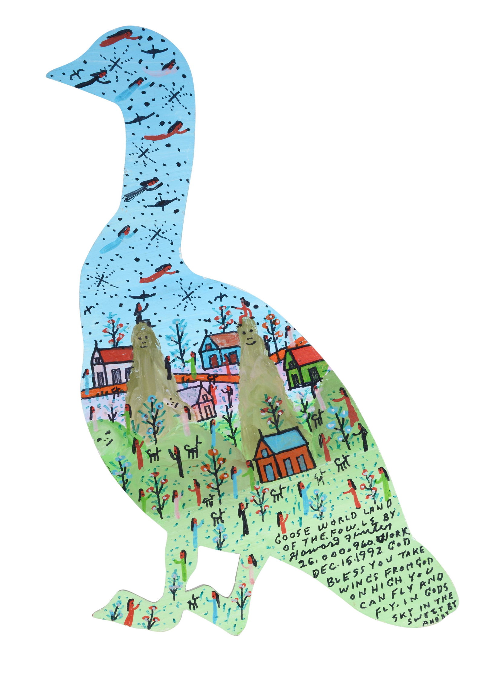 Howard Finster. Good Worldland.: Howard Finster. Good Worldland. 1992. Signed, dated, titled and numbered, #26,960. Paint and marker on cutout board. Excellent condition. 18.5" x 5" x 11". Est. $500-800. Ship: $35