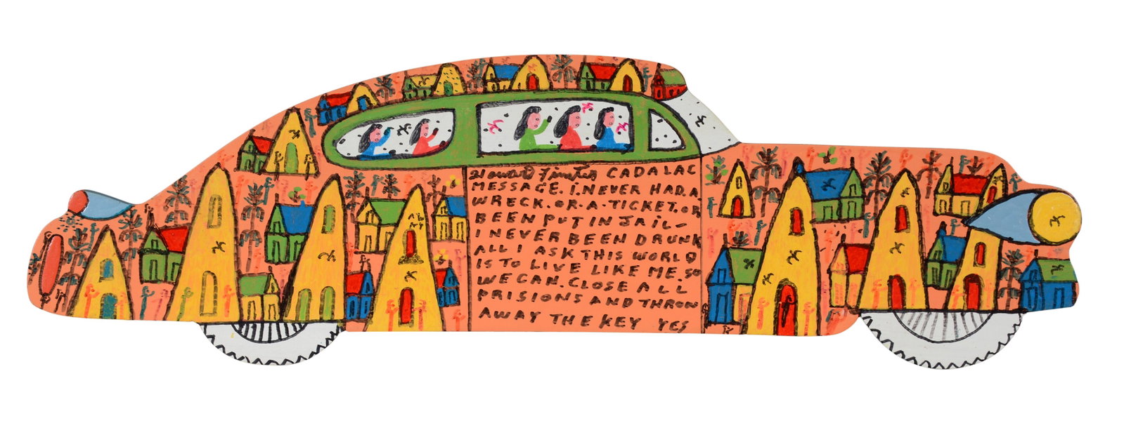 Howard Finster. Cadillac.: Howard Finster. Cadillac. 1995. #37,136. Signed, dated, titled and numbered. Paint and marker on cutout board. 20" x 6". Est. $500-800. Ship: $45