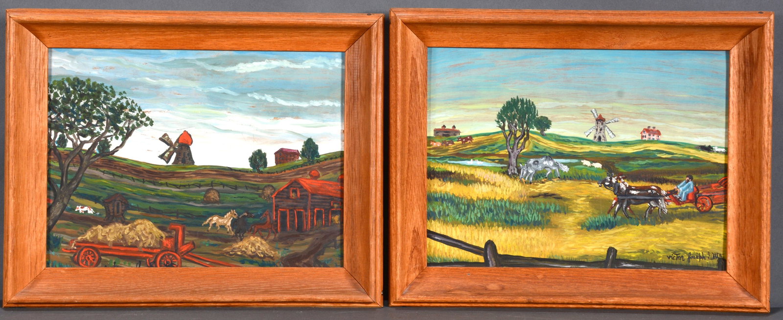 Victor Joseph Gatto. Farmscapes.: Victor Joseph Gatto. Pair Of Farmscapes. Signed. Oil on paper. Excellent condition. 14"w x 11.5"h with frame. Est. $400-600. Ship: $45