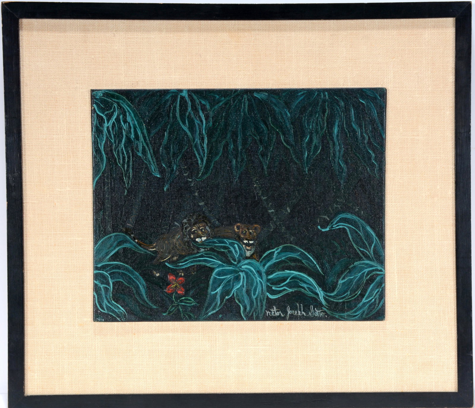 Victor Joseph Gatto. Lions In Dark Jungle.: Victor Joseph Gatto. The Lions In The Dark Jungle. Signed. Not dated. Oil on canvas panel. Excellent condition. Image is 10"w x 8"h. Frame is 16"w x 14"h. Est. $500-800. Ship: $35