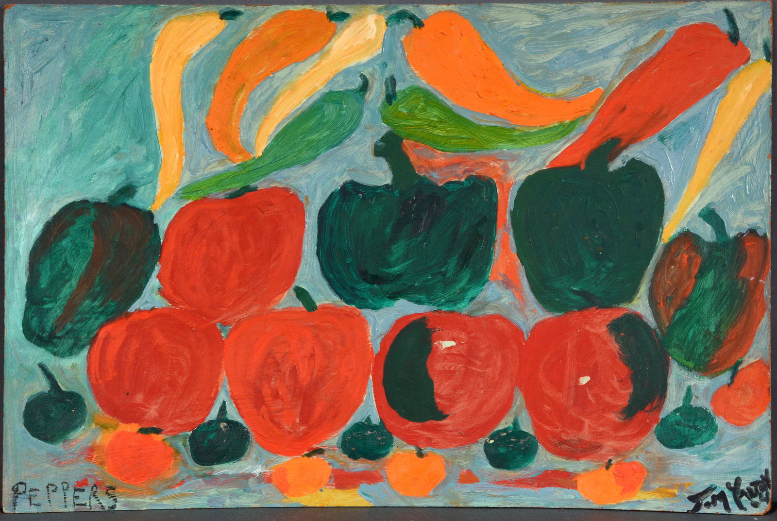 Justin McCarthy. Peppers.: Justin McCarthy. Peppers. Signed and titled. Oil on Masonite. Excellent condition. 24"w x 16"h. Est. $500-800. Ship: $45