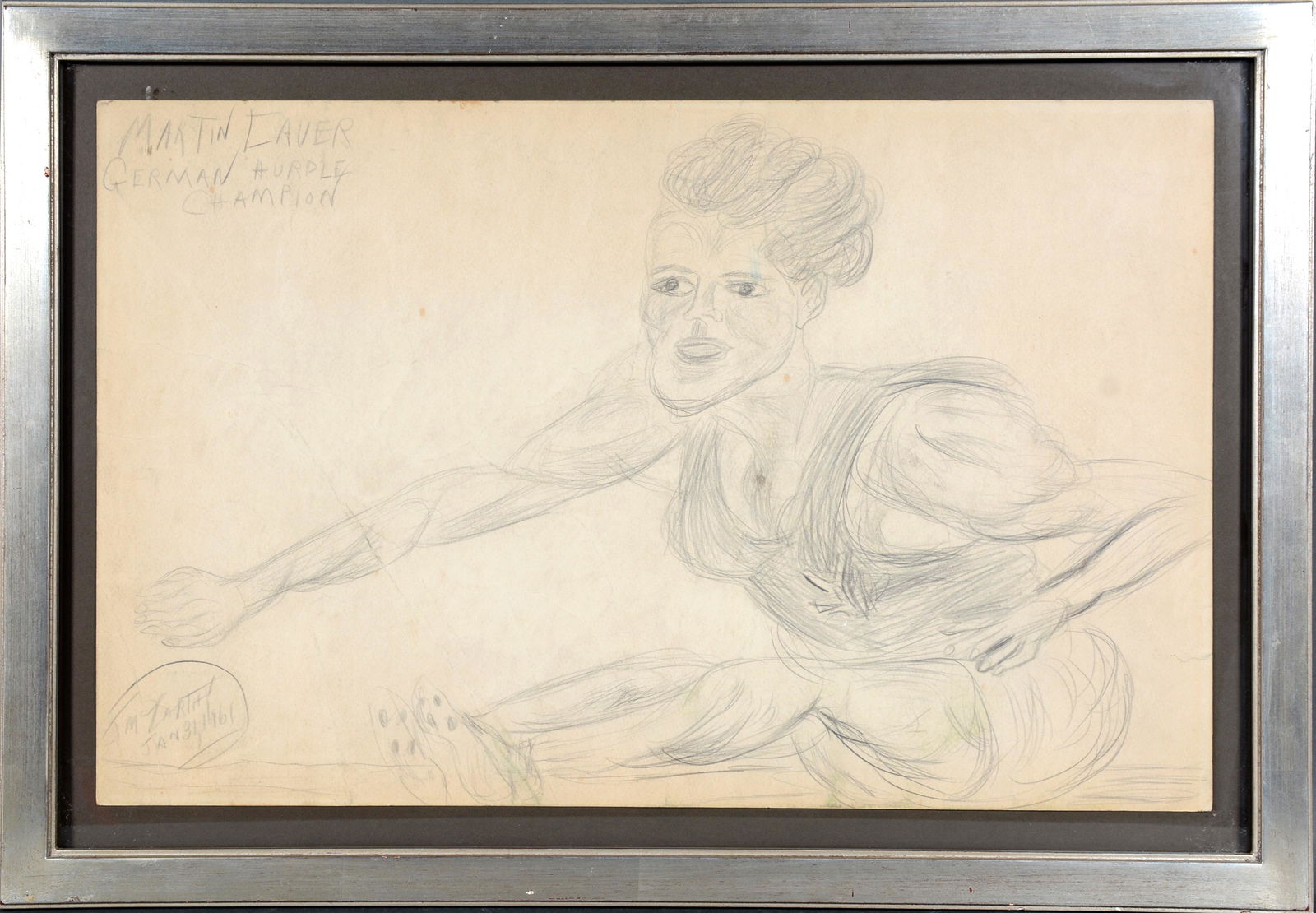 Justin McCarthy. Martin Laver.: Justin McCarthy. Martin Laver. 1961. Signed, dated and titled. Graphite on found cardstock. Crease in center, otherwise great condition. 26"w x 18"h with frame. Est. $400-600. Ship: $55