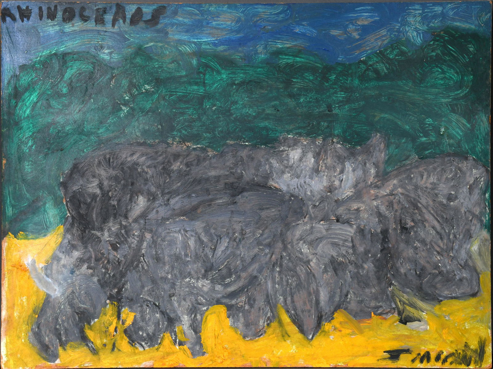 Justin McCarthy. Rhinocerous.: Justin McCarthy. Rhinoceros. Signed. Not dated. Paint on Masonite. Excellent condition. 24"w x 18"h. Est. $300-500. Ship: $45