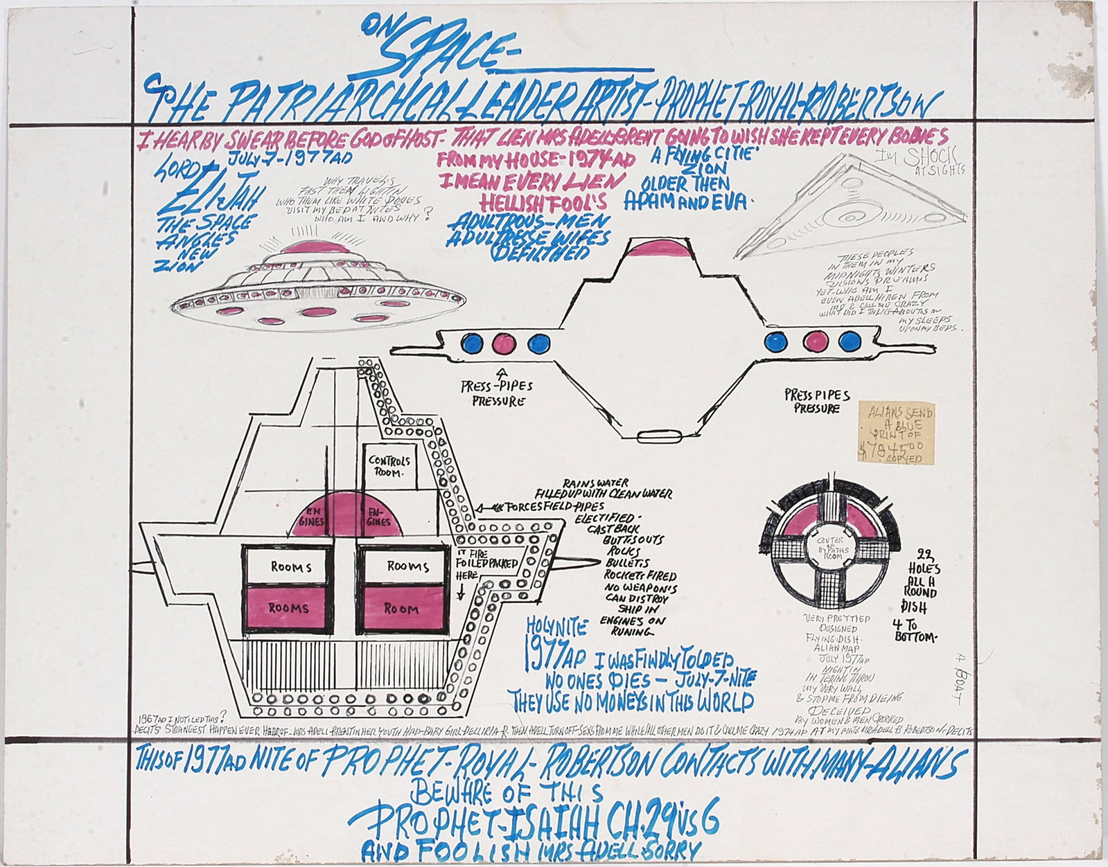 Prophet Royal Robertson. Space Ship Blueprints.: Prophet Royal Robertson. Space Ship Blueprints. 1977. Signed and dated. Marker and ink on poster. Excellent condition. 28" x 22". Provenance: Dr. Regenia Perry. Est. $100-200. Ship: $45