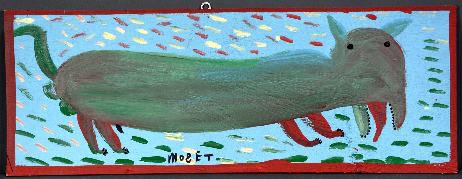 Mose Tolliver. Dog.: Mose Tolliver. Dog. Signed. Paint on found panel. Excellent condition. 31"w x 11.5"h. Provenance: Marcia Weber Gallery. Est. $600-900. Ship: $65