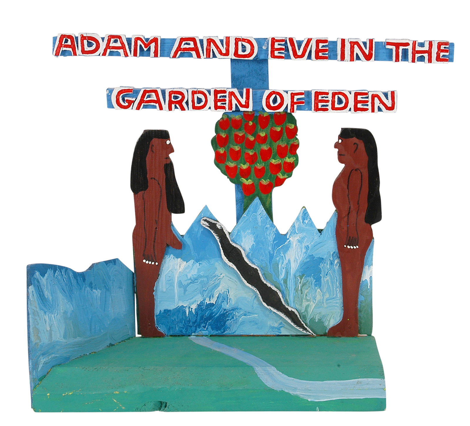 James Harold Jennings. Adam & Eve.: James Harold Jennings. Adam and Eve In The Garden of Eden. Signed and titled. Not dated. Paint on board with cut out letters and figures. Excellent condition. 13" x 16" x 6". Est. $400-600. Ship: $75