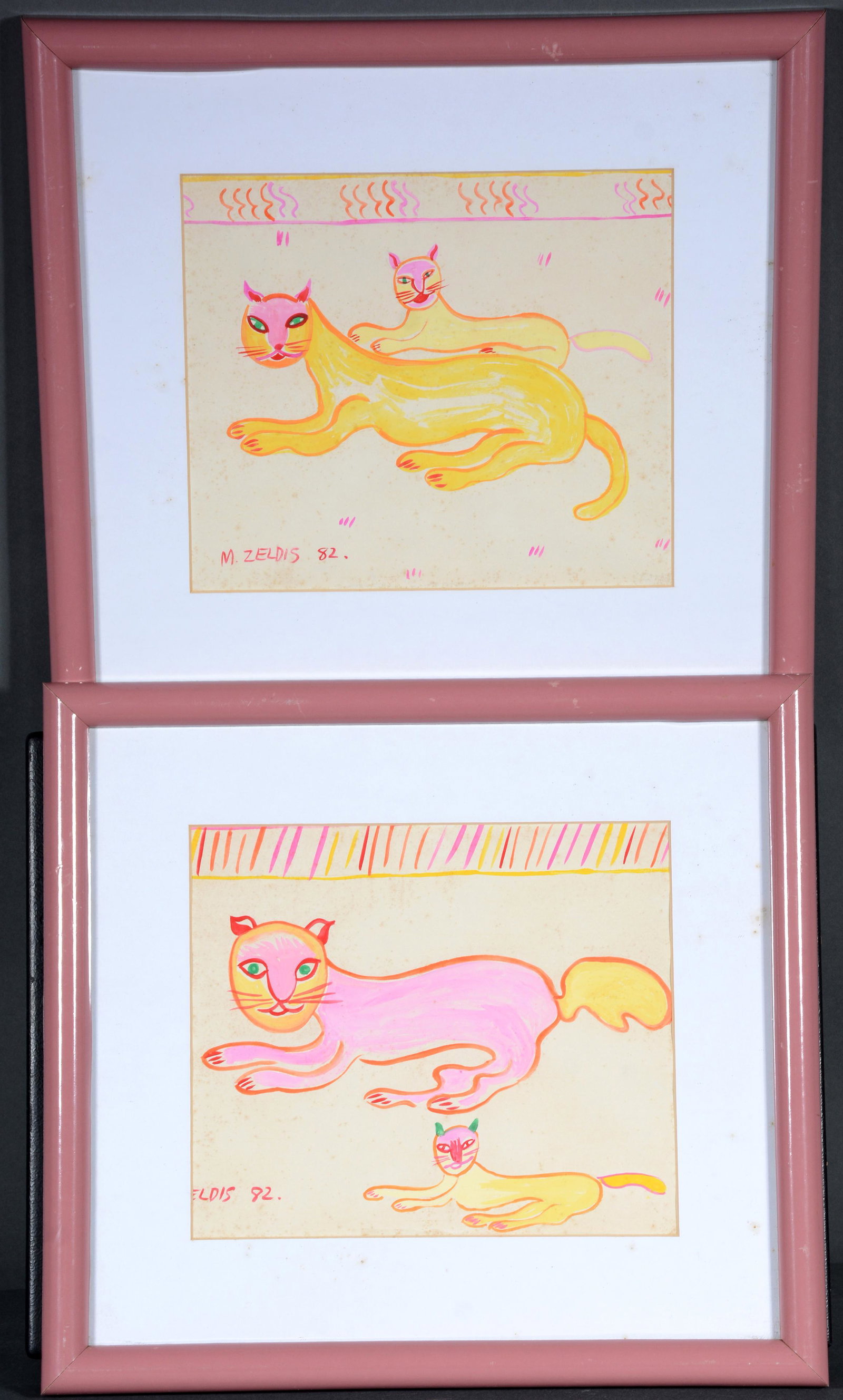 Malcah Zeldis. Pair of Cats.: Malcah Zeldis. Pair of Cats. 1982. Signed and dated. Watercolor on paper. Some foxing, otherwise fair condition. Average size with frame is 16" x 15". Est. $100-200. Ship: $45