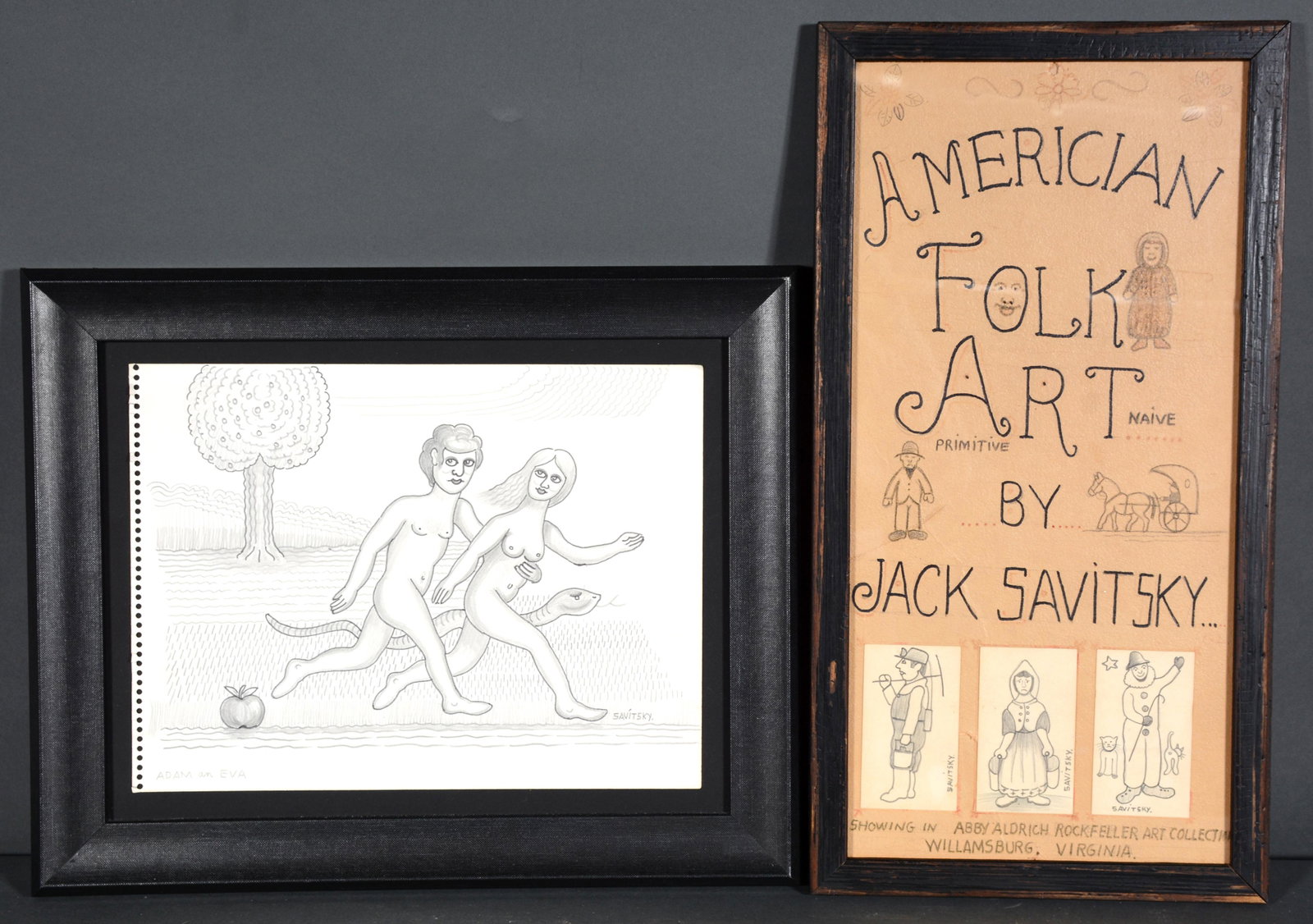 Jack Savitsky. Show Sign & Adam and Eve.: Jack Savitsky. Show Sign For Abby Aldrich Rockefeller & Adam and Eve. c. 1960s. Signed. Pencil and marker on paper cardstock. Great condition. Sign is 9"w x 18"h. Est. $300-500. Ship: $45