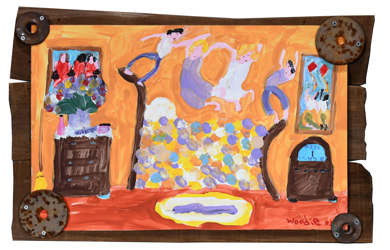 Woodie Long. Jumping On Grandmas Bed.: Woodie Long. Jumping On Grandmas Bed. Signed and dated. Paint on paper with artist frame. Excellent condition. 23" x 14". Est. $300-500. Ship: $55