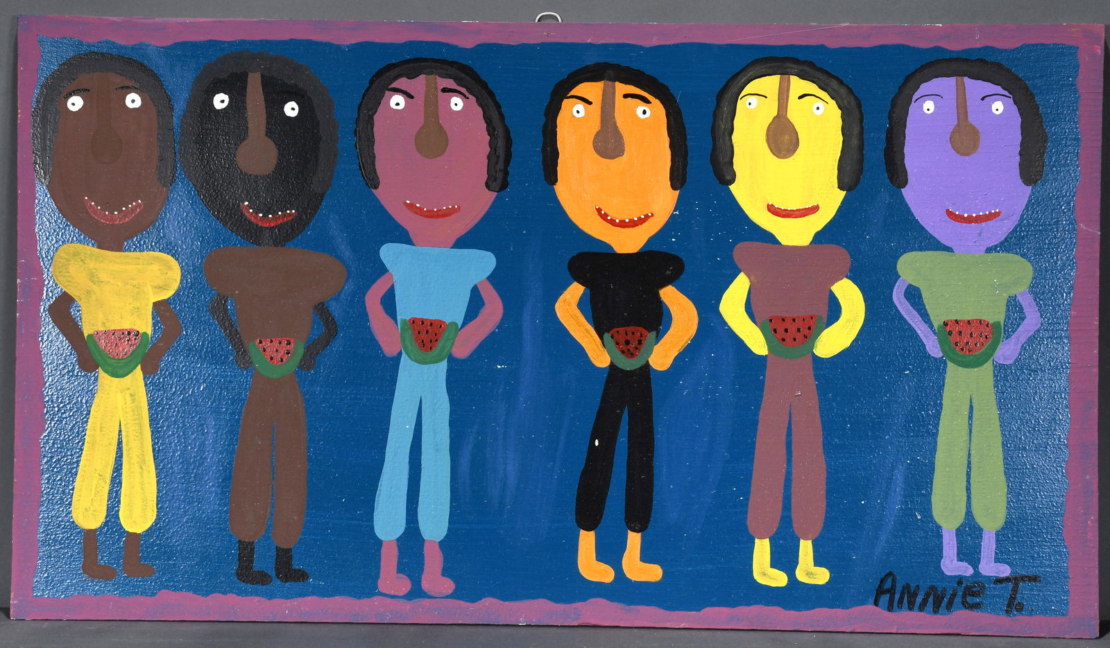 Annie Tolliver. My 6 Nephews Eating Watermelons.: Annie Tolliver. My Six Nephews Eating Watermelons. Signed and titled. Paint on board. Minor white specks on paint, otherwise great condition. 32" x 18". Est. $800-1200. Ship: $65