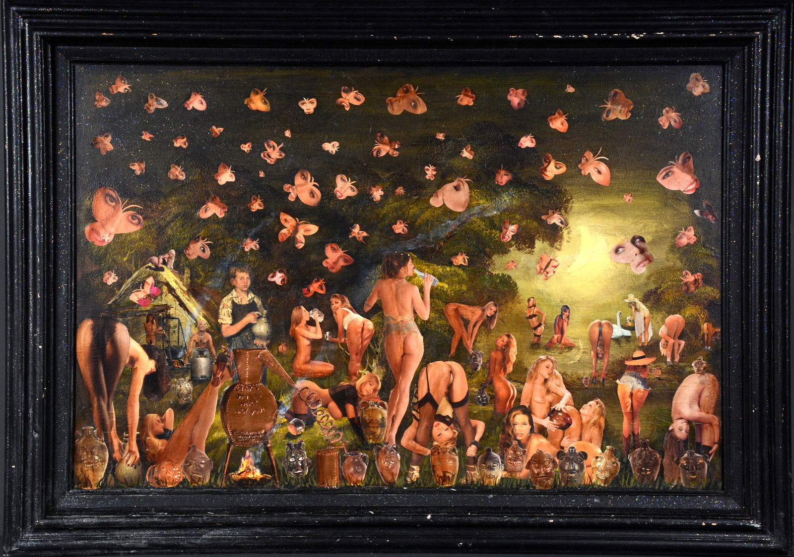 Max Fleshman. Moonshine Madness.: Max Fleshman. Moonshine Madness. Signed and titled. Paint and collage of cut out photos of face jugs from old Slotin Auction catalogs and nude women from girlie magazines, attached to canvas. Excellen