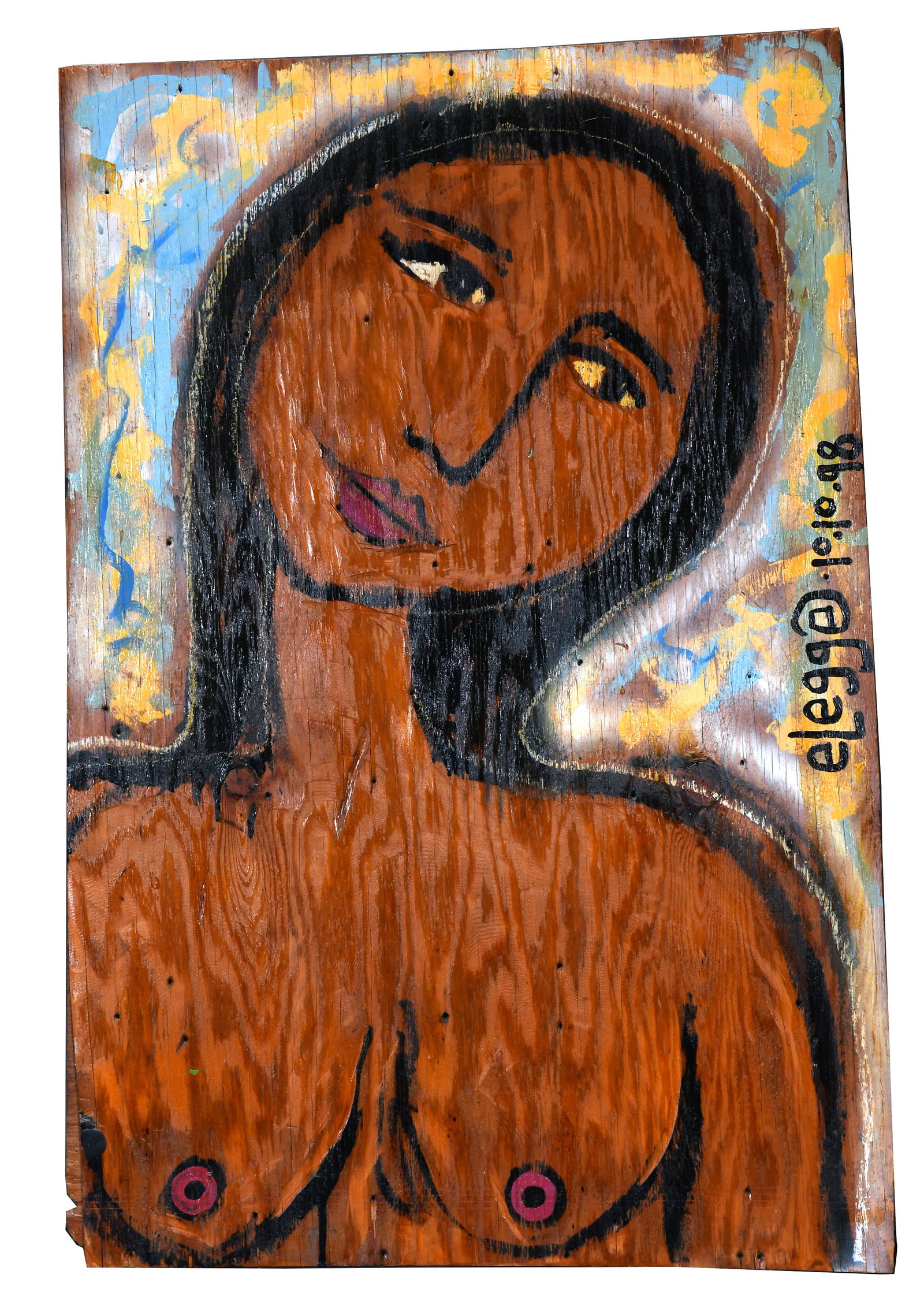 Eric Legge. Nude Womans Portrait.: Eric Legge. Nude Woman's Portrait. 1998. Signed and dated. Paint on found wood board. 21.5"w x 32"h. Est. $400-600. Ship: $75