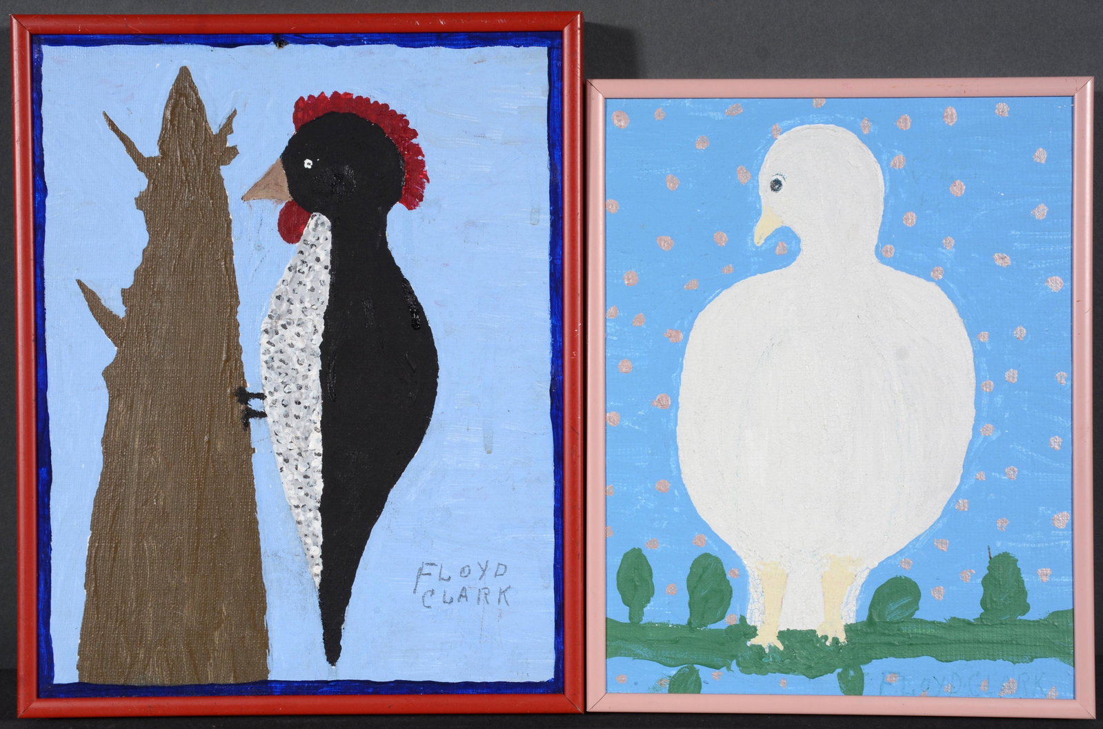 Floyd Clark. Red Headed Woodpecker & Dove.: Floyd Clark. Red Headed Woodpecker and White Dove. Signed. Not dated. Pair of paintings on canvas panels. Excellent condition. Average size is 8" x 10". Est. $200-300. Ship: $55